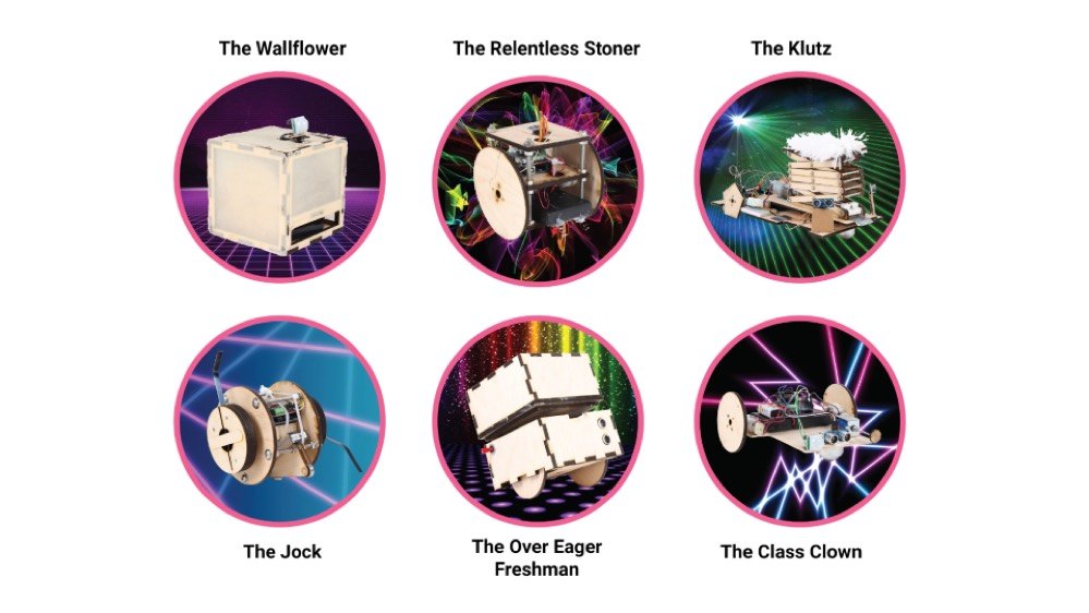 Six small robots, each photographed as a portrait and given a name and a personality