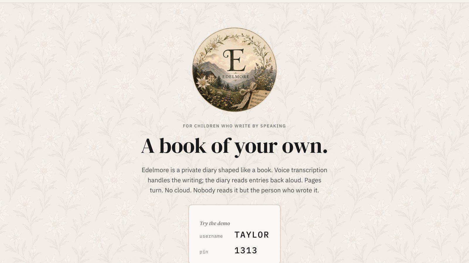 Edelmore, a private diary rendered as an open book with turning pages